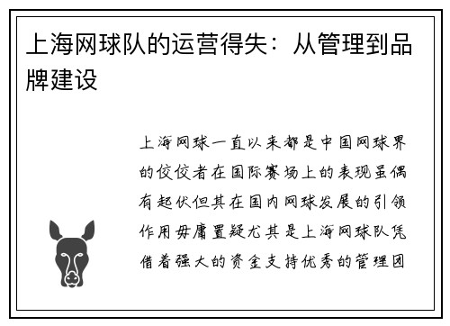 上海网球队的运营得失:从管理到品牌建设