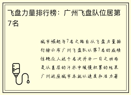 飞盘力量排行榜：广州飞盘队位居第7名